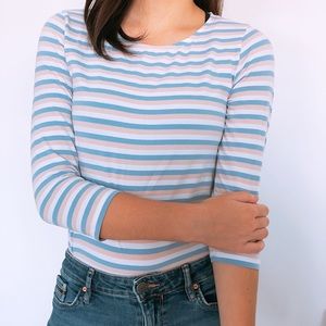 BLUE, BEIGE AND WHITE STRIPED SHIRT